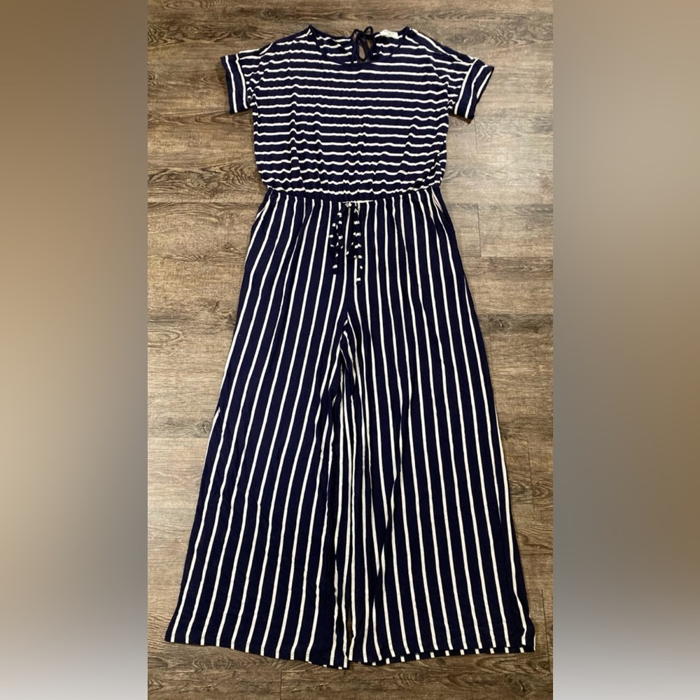 Zenana Wide Leg Jumpsuit Navy & White Stripe Cropped Length Size 3X - Picture 1 of 8